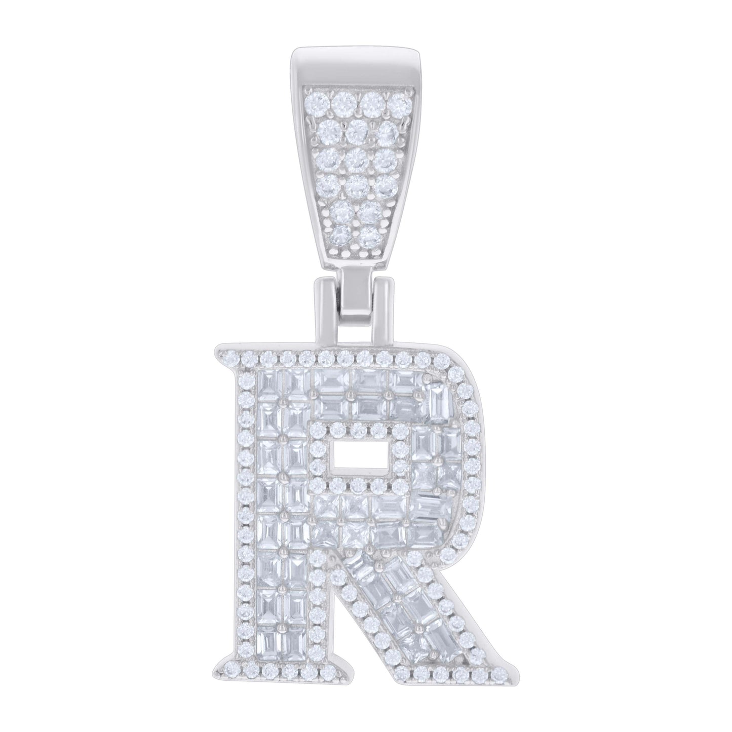 Sterling Silver Unisex Baguette Round Cubic-Zirconia Initial Alphabet Charm Pendant