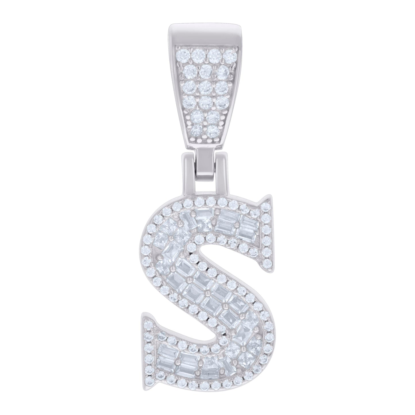 Sterling Silver Unisex Baguette Round Cubic-Zirconia Initial Alphabet Charm Pendant