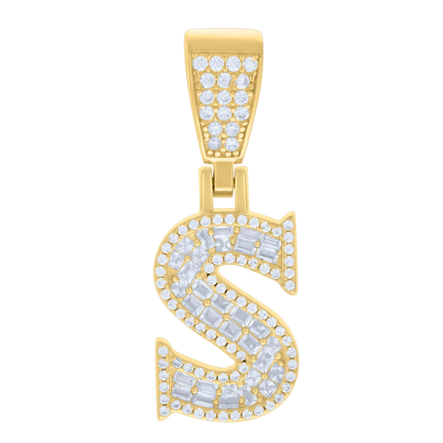 Sterling Silver Unisex Baguette Round Cubic-Zirconia Initial Alphabet Charm Pendant