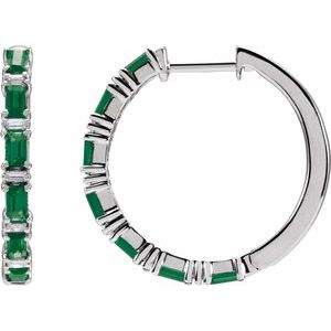 14K White Gold Straight Baguette 3.5 X 1.8 Mm I1, G-H Polished Natural Emerald And 1 1/4 Ctw Natural Diamond Hoop Earrings