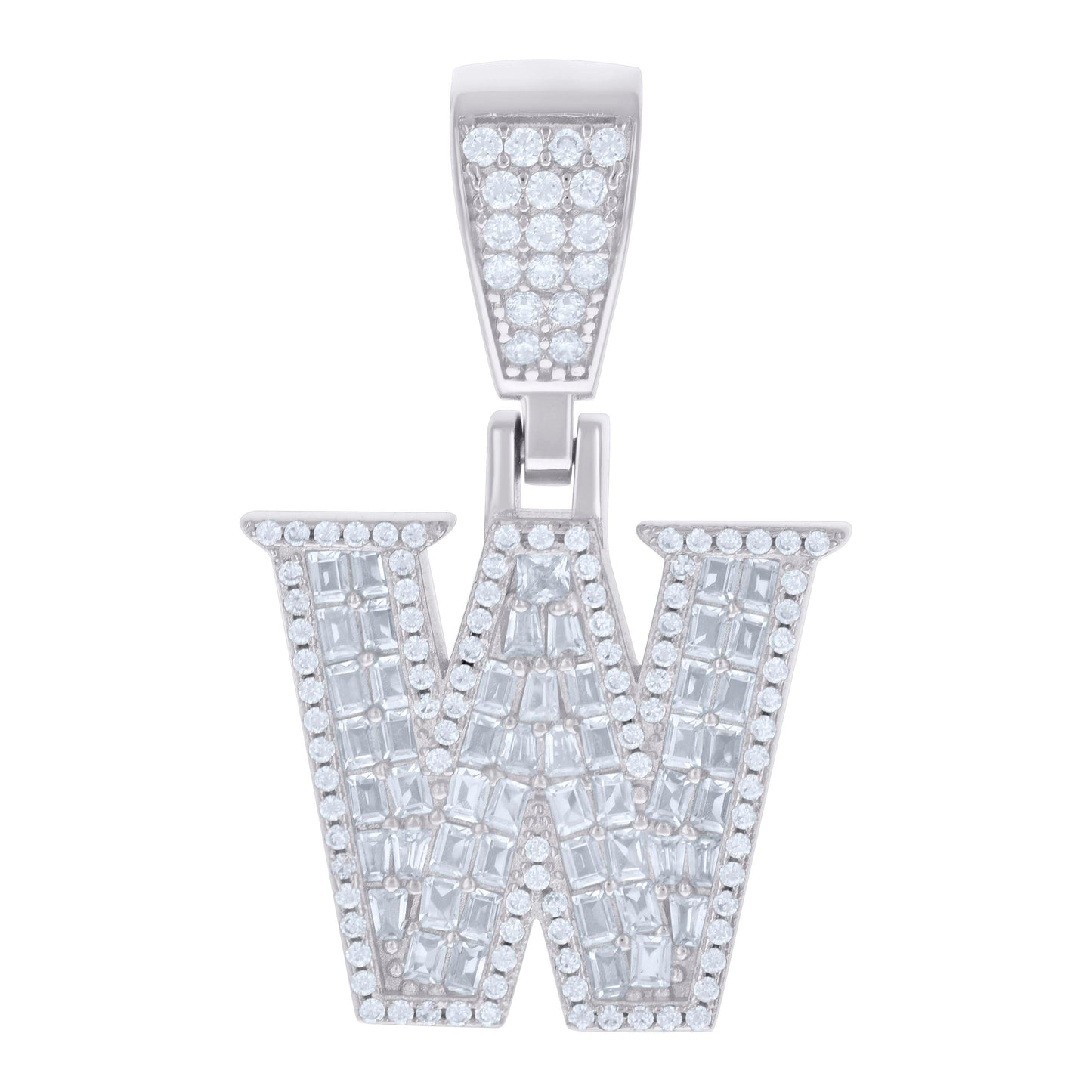 Sterling Silver Unisex Baguette Round Cubic-Zirconia Initial Alphabet Charm Pendant