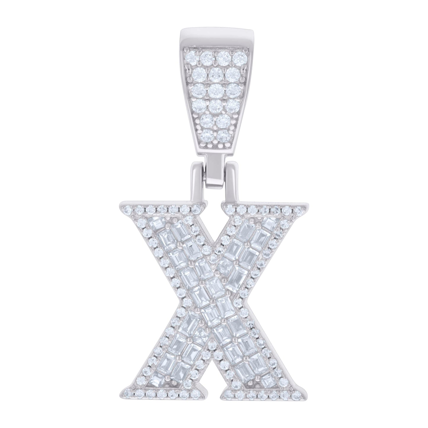 Sterling Silver Unisex Baguette Round Cubic-Zirconia Initial Alphabet Charm Pendant