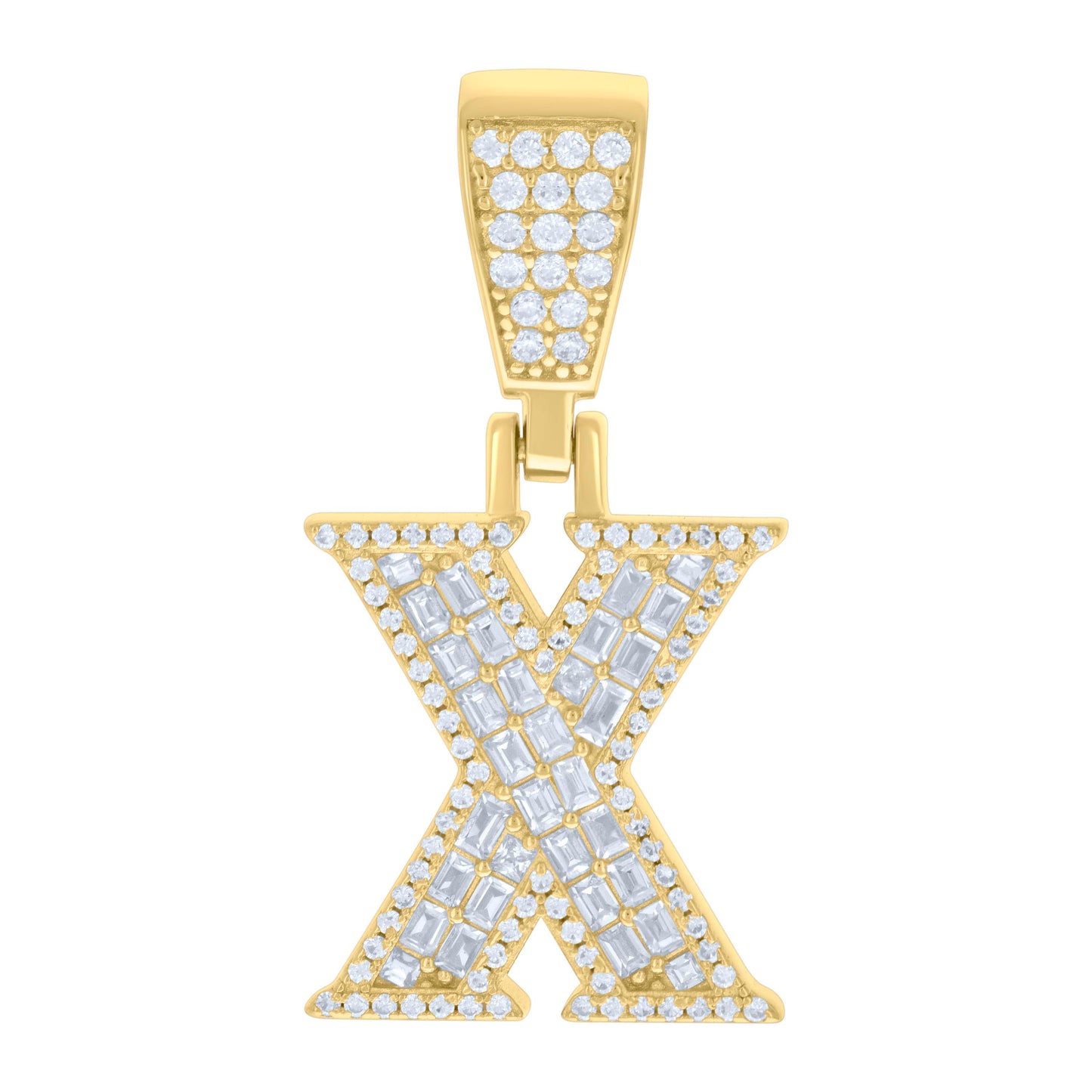 Sterling Silver Unisex Baguette Round Cubic-Zirconia Initial Alphabet Charm Pendant