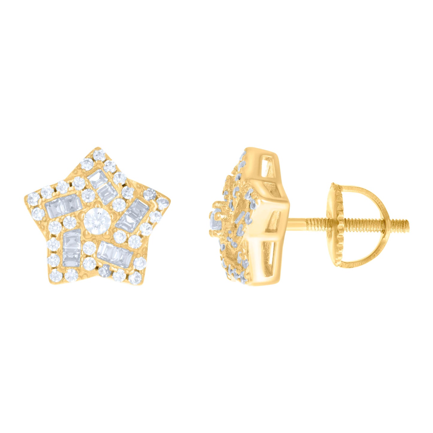 Sterling Silver Unisex Baguette Cubic-Zirconia Star Fashion Stud Earrings