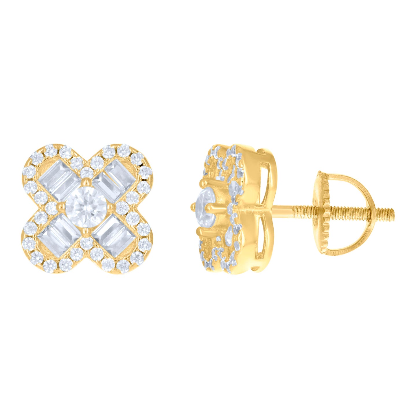 Sterling Silver Unisex Baguette Cubic-Zirconia Flower Fashion Stud Earrings