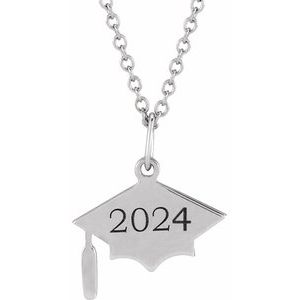 14K White Gold 14.98 X 12.02 Mm 16-18 In Polished Graduation Cap Necklace