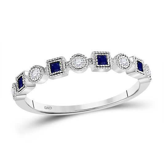 10K White Gold Womens Princess Blue Sapphire Diamond Stackable Band Ring 1/8 Cttw, Womens Size: 5-10