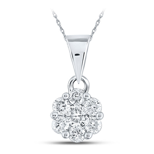 14K White Gold Womens Round Diamond Flower Cluster Pendant 1/2 Cttw, Length: 0.54 In, Width: 0.28 In