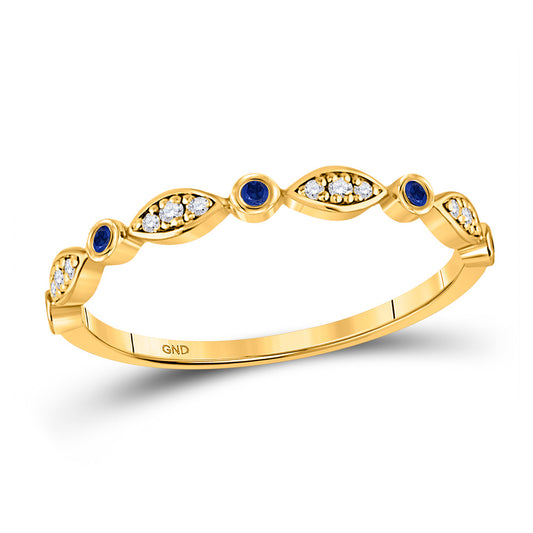 10K Yellow Gold Womens Round Blue Sapphire Diamond Stackable Band Ring 1/10 Cttw, Womens Size: 5-10
