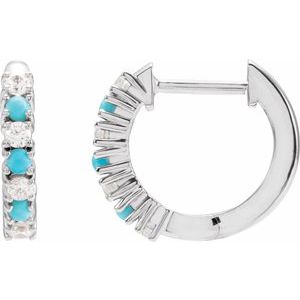 14K White Gold Round 1.7 Mm 1/3 Ctw Natural Diamond And Natural Turquoise Hoop Earrings