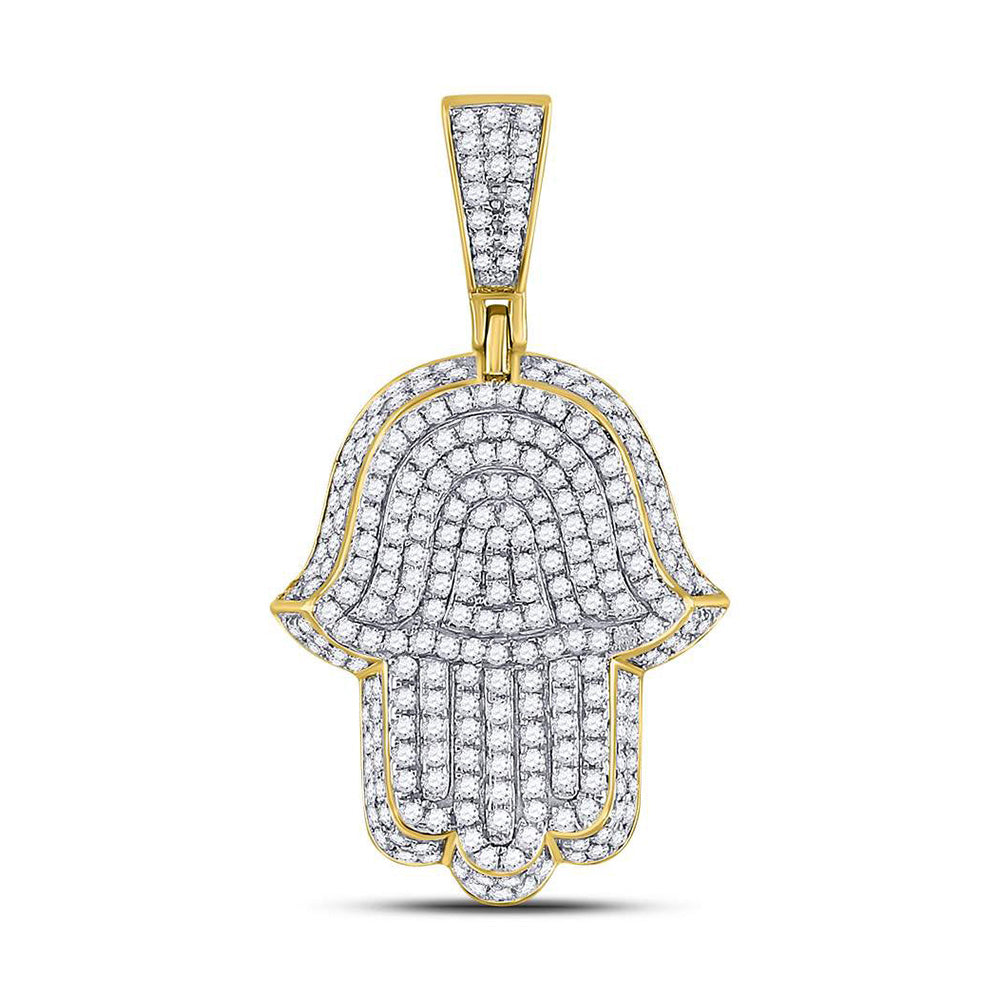 10K Yellow Gold Mens Round Diamond Hamsa Charm Pendant 1-1/4 Cttw, Length: 1.33 In, Width: 0.75 In