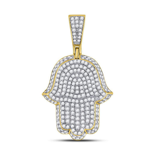 10K Yellow Gold Mens Round Diamond Hamsa Charm Pendant 1-1/4 Cttw, Length: 1.33 In, Width: 0.75 In