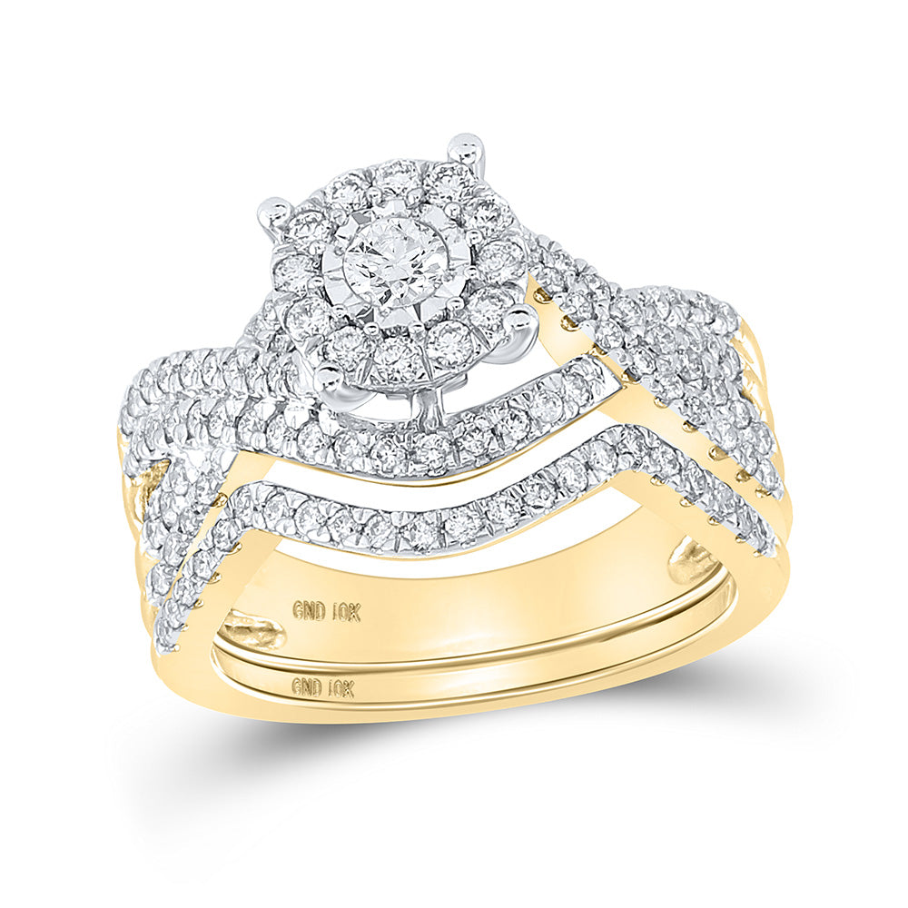 10K Yellow Gold Round Diamond Contoured Bridal Wedding Ring Band Set 1 Cttw, Womens Size: 5-10
