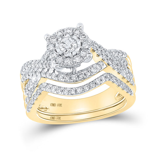 10K Yellow Gold Round Diamond Contoured Bridal Wedding Ring Band Set 1 Cttw, Womens Size: 5-10