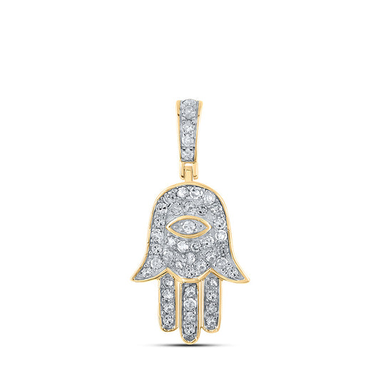 10K Yellow Gold Mens Round Diamond Hamsa Eye Fatima Charm Pendant 1/4 Cttw, Length: 1.07 In, Width: 0.54 In