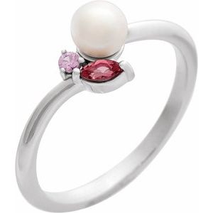 14K White Gold 5 Mm Natural Multi-Gemstone Polished Cultured Akoya Pearl And Natural Pink Tourmaline And Natural Pink Sapphire Ring Size 7