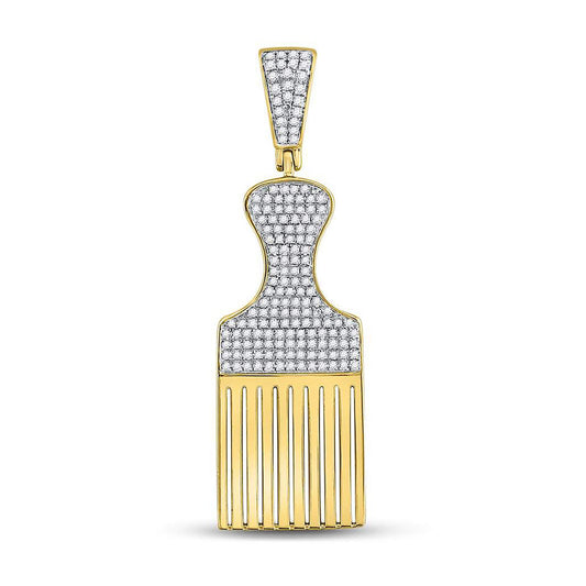 10K Yellow Gold Mens Round Diamond Afro Hair Pick Charm Pendant 1/2 Cttw, Length: 1.82 In, Width: 0.57 In