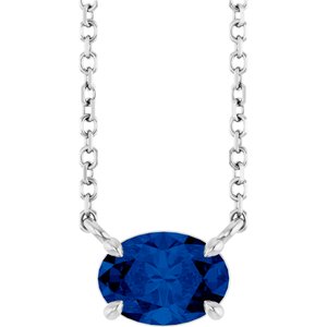 14K White Gold Oval 7 X 5 Mm  Lab-Grown Blue Sapphire 4-Prong Claw Necklace, Length: 18 In