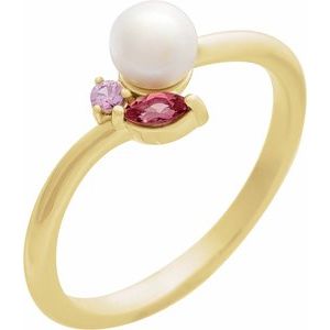 14K Yellow Gold 5 Mm Natural Multi-Gemstone Polished Cultured Akoya Pearl And Natural Pink Tourmaline And Natural Pink Sapphire Ring Size 7
