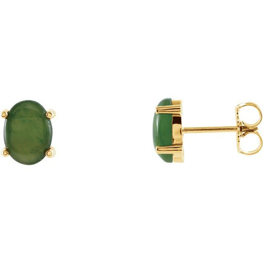 14K Yellow Gold Oval Pair 8 X 6 Mm Friction 4-Prong Polished Natural Nephrite Jade Earrings