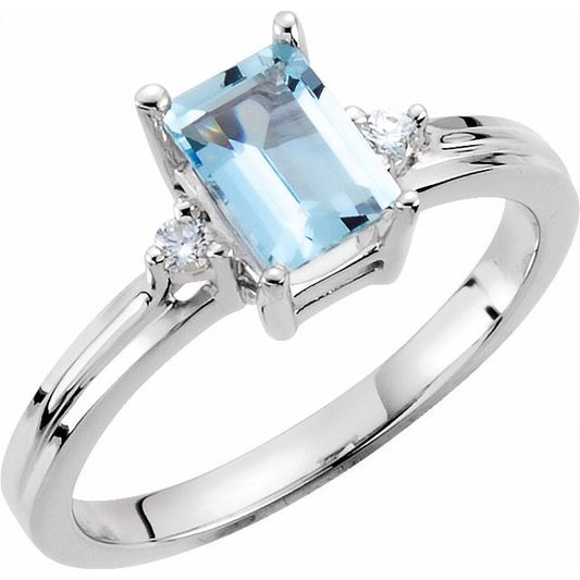 14K White Gold Emerald 7 X 5 Mm Polished Natural Aquamarine And .06 Ctw Natural Diamond Ring, Size 6