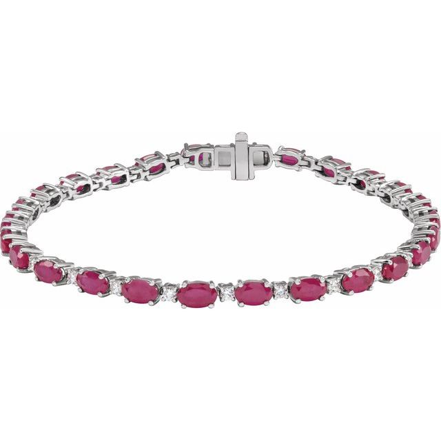 14K White Gold Oval Si1-Si2, G-H 7 In Polished Lab-Grown Ruby And 5/8 Ctw Lab-Grown Diamond Line Bracelet