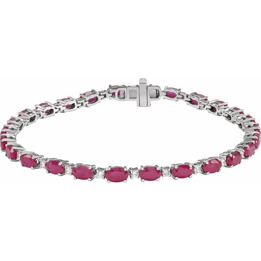 14K White Gold Oval Si1-Si2, G-H 7 In Polished Lab-Grown Ruby And 5/8 Ctw Lab-Grown Diamond Line Bracelet