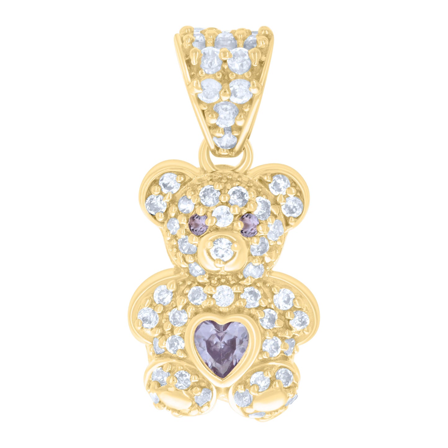 10K Yellow Gold Womens Heart Round Cubic-Zirconia Birthstone Teddy Bear Charm Pendant
