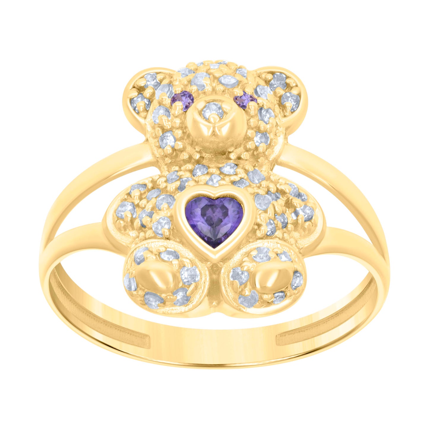 10K Yellow Gold Womens Heart Round Cubic-Zirconia Birthstone Teddy Bear Bridal Anniversary Engagement Wedding Ring