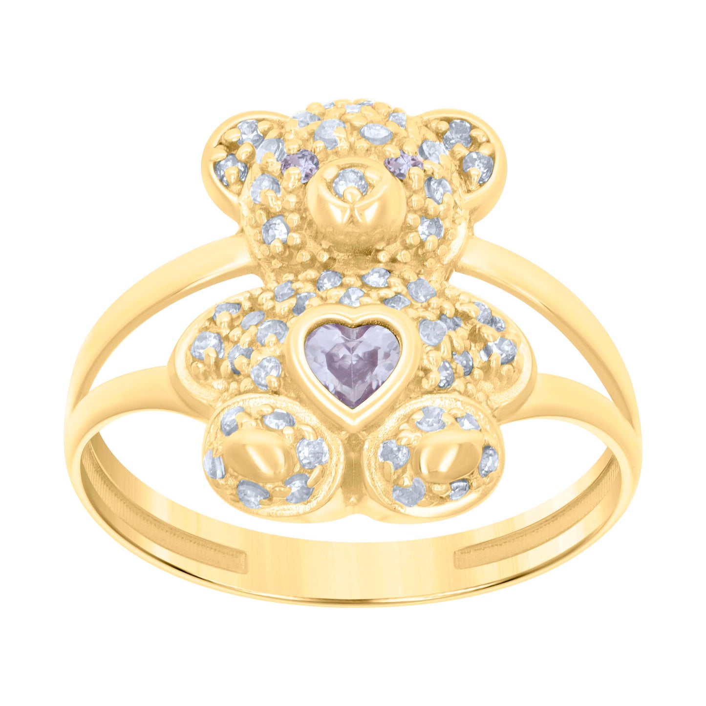 10K Yellow Gold Womens Heart Round Cubic-Zirconia Birthstone Teddy Bear Bridal Anniversary Engagement Wedding Ring