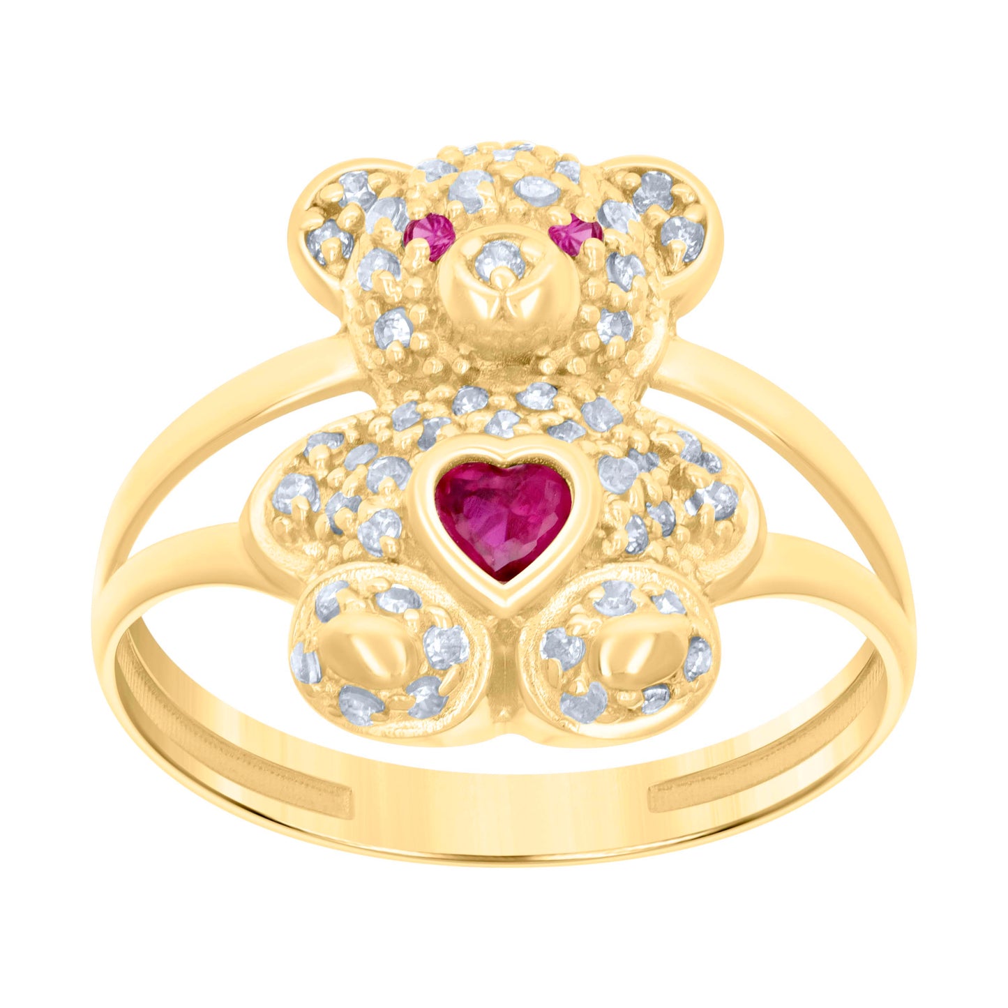 10K Yellow Gold Womens Heart Round Cubic-Zirconia Birthstone Teddy Bear Bridal Anniversary Engagement Wedding Ring