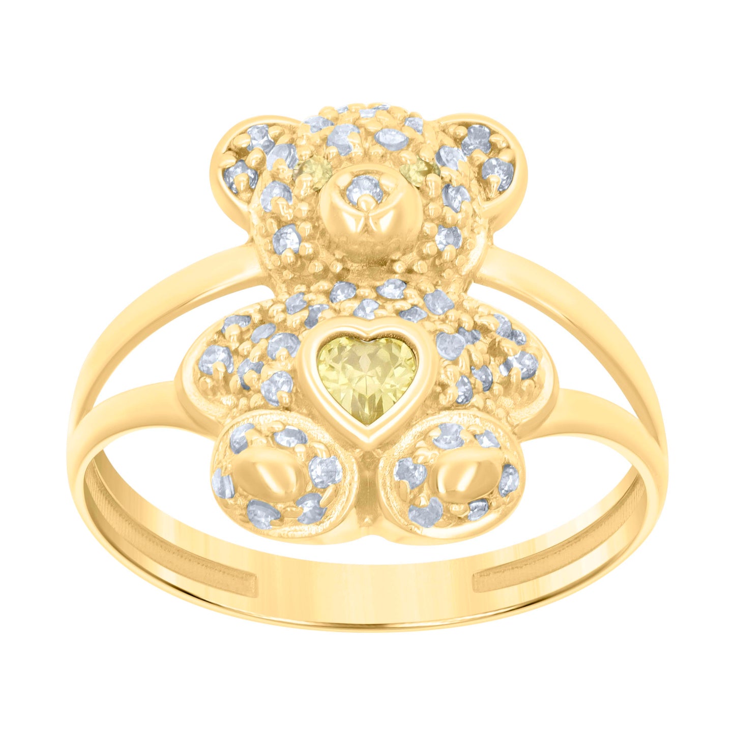 10K Yellow Gold Womens Heart Round Cubic-Zirconia Birthstone Teddy Bear Bridal Anniversary Engagement Wedding Ring