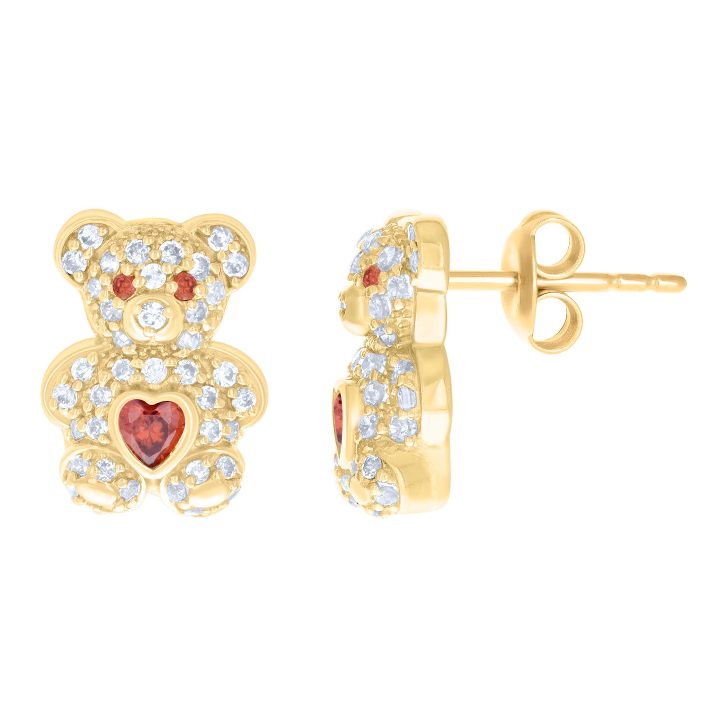 10K Yellow Gold Womens Heart Round Cubic-Zirconia Birthstone Teddy Bear Stud Earrings