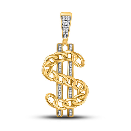 10K Yellow Gold Mens Round Diamond Chain Link Dollar Charm Pendant 1/8 Cttw
