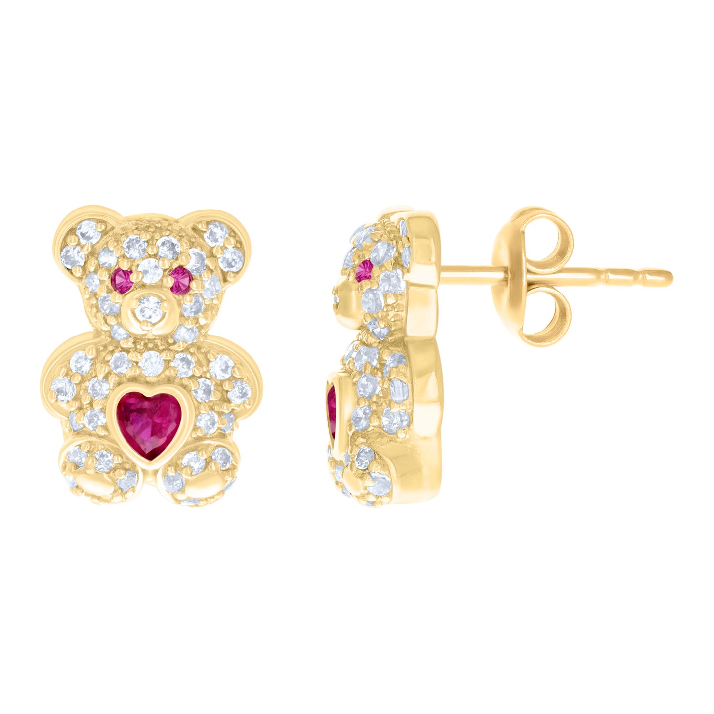 10K Yellow Gold Womens Heart Round Cubic-Zirconia Birthstone Teddy Bear Stud Earrings