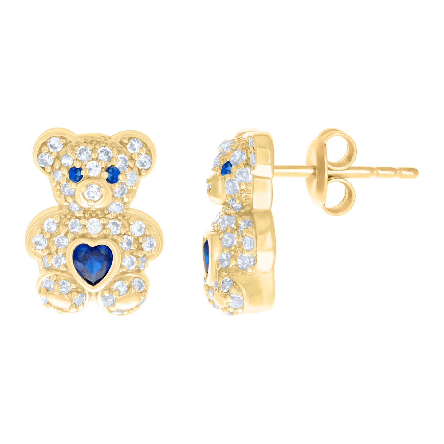 10K Yellow Gold Womens Heart Round Cubic-Zirconia Birthstone Teddy Bear Stud Earrings