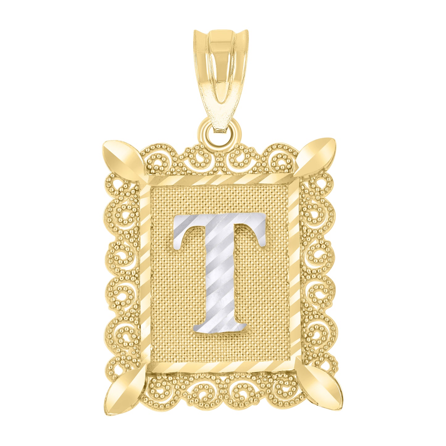 10K Two-Tone Gold Unisex Diamond-Cut Initial Charm Pendant