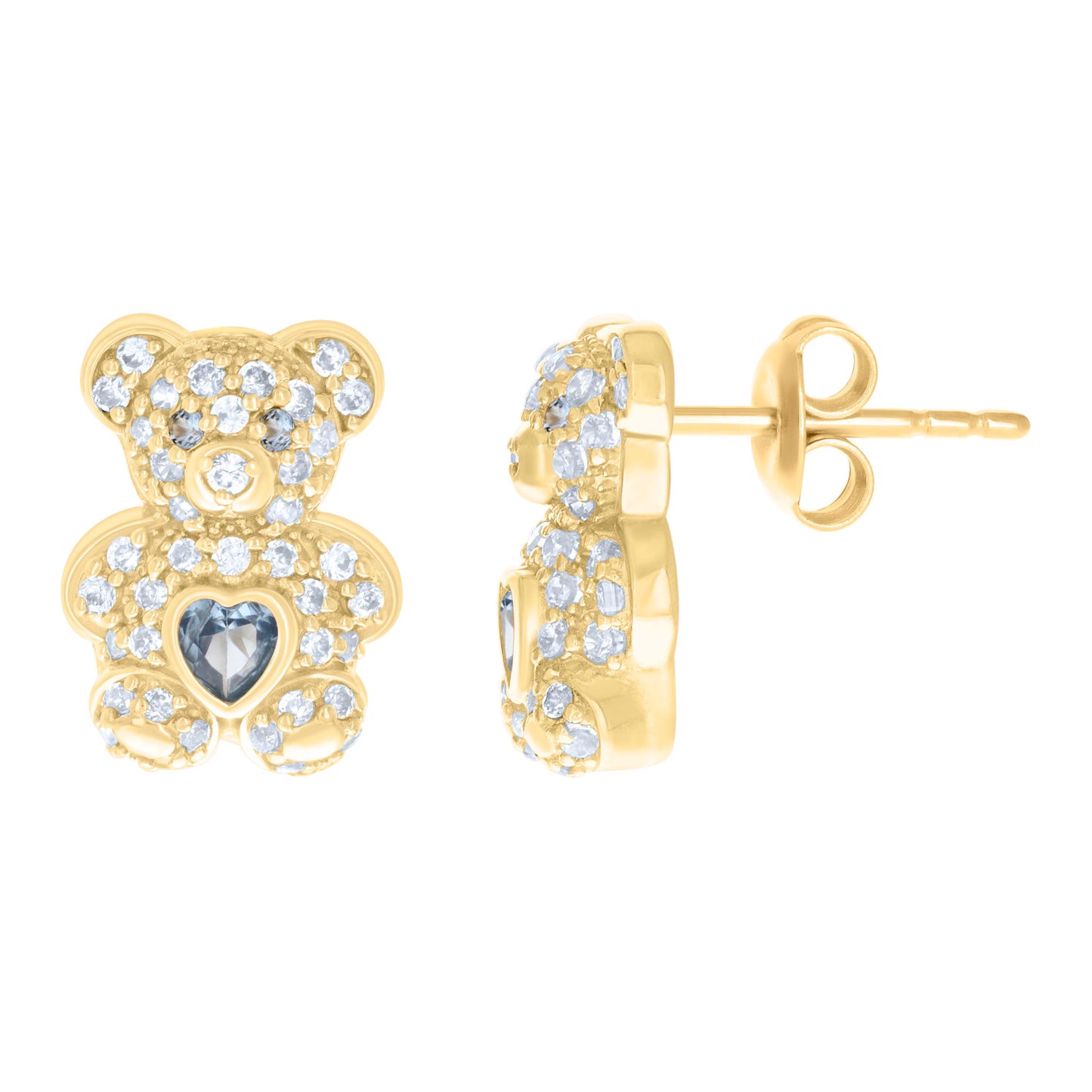 10K Yellow Gold Womens Heart Round Cubic-Zirconia Birthstone Teddy Bear Stud Earrings