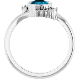 14K White Gold Natural London Blue Topaz Oval 8 X 6 Mm Natural Diamond Polished Natural London Blue Topaz And 1/8 Ctw Natural Diamond Ring Size 7