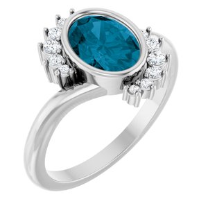 14K White Gold Natural London Blue Topaz Oval 8 X 6 Mm Natural Diamond Polished Natural London Blue Topaz And 1/8 Ctw Natural Diamond Ring Size 7