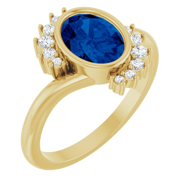 14K White Or Yellow Gold Oval 8 X 6 Mm Polished Lab-Grown Blue Sapphire And 1/8 Ctw Natural Diamond Ring, Size 7