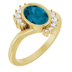 14K Yellow Gold Natural London Blue Topaz Oval 8 X 6 Mm Natural Diamond Polished Natural London Blue Topaz And 1/8 Ctw Natural Diamond Ring Size 7