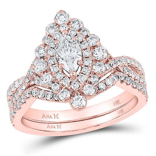 14K Rose Gold Marquise Diamond Halo Bridal Wedding Ring Band Set 1-7/8 Cttw, Womens Size: 5-10
