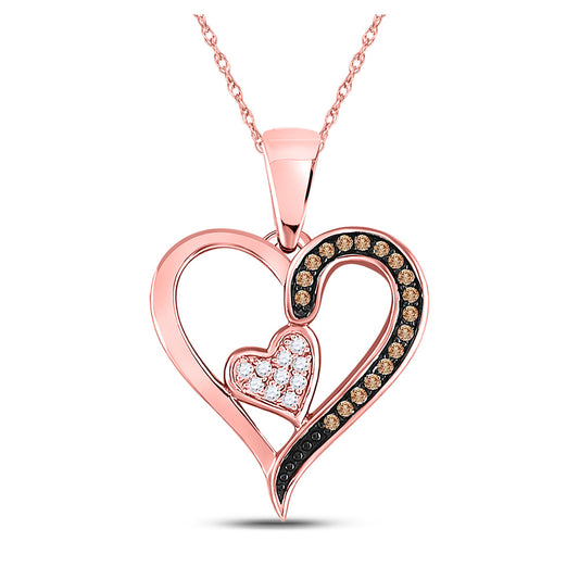 10K Rose Gold Womens Round Brown Diamond Heart Pendant 1/10 Cttw