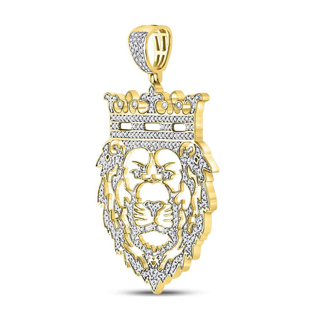 10K Yellow Gold Mens Round Diamond King Lion Crown Charm Pendant 3/4 Cttw