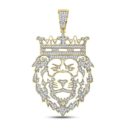 10K Yellow Gold Mens Round Diamond King Lion Crown Charm Pendant 3/4 Cttw