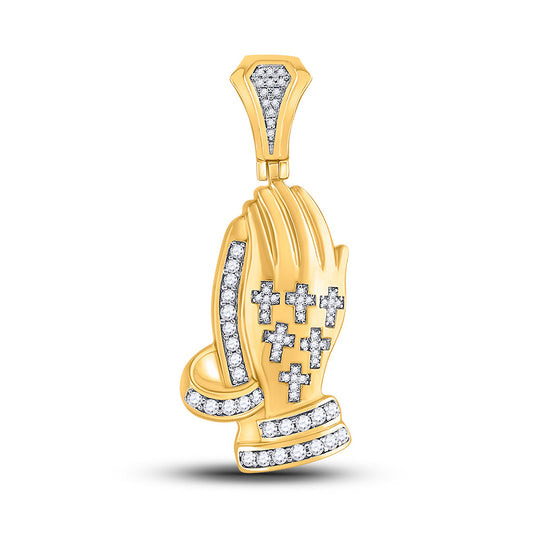 10K Yellow Gold Mens Round Diamond Praying Hands Cross Charm Pendant 5/8 Cttw, Length: 1.72 In, Width: 0.72 In