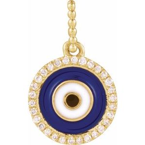 14K Yellow Or White Gold Or Sterling Silver 17.7 X 10.8 Mm Polished 1/10 Ctw Natural Diamond Blue Enameled Evil Eye Pendant