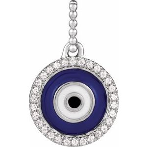 14K Yellow Or White Gold Or Sterling Silver 17.7 X 10.8 Mm Polished 1/10 Ctw Natural Diamond Blue Enameled Evil Eye Pendant