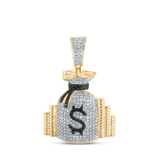10K Yellow Gold Mens Round Diamond Money Bag Stacks Charm Pendant 3/4 Cttw